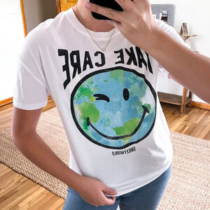 Smiley World White "Take Care" Graphic Crew Neck Oversized Short Sleeve Tee S